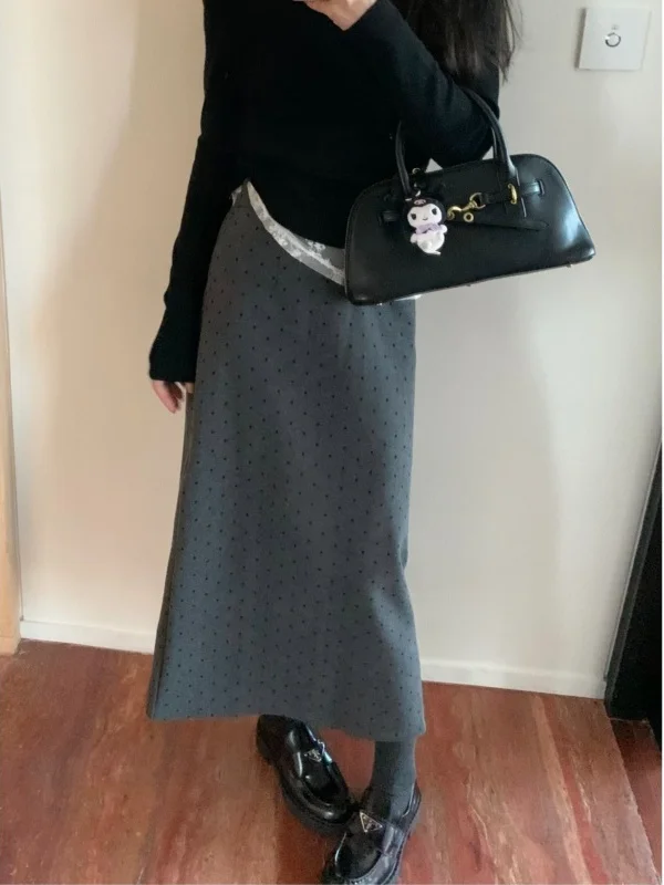 

Шерстяная юбка в горошек в стиле ретро, женская зимняя новая утягивающая эластичная прямая юбка средней длины с высокой талией и разрезом