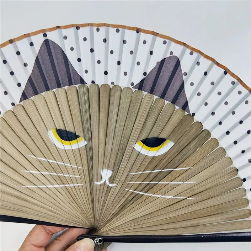 Cartoon Silk Fashionable Japan Style Hand Fans Popular Handheld Folding Fans New Spray-painted Cat Head Japanese Wind