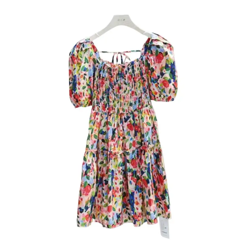 

Korean Style College Lovely Simple Trendy Puff Mid Sleeve Short Dress 2024 Summer Women Casual Commute Flower Print Maxi Dress