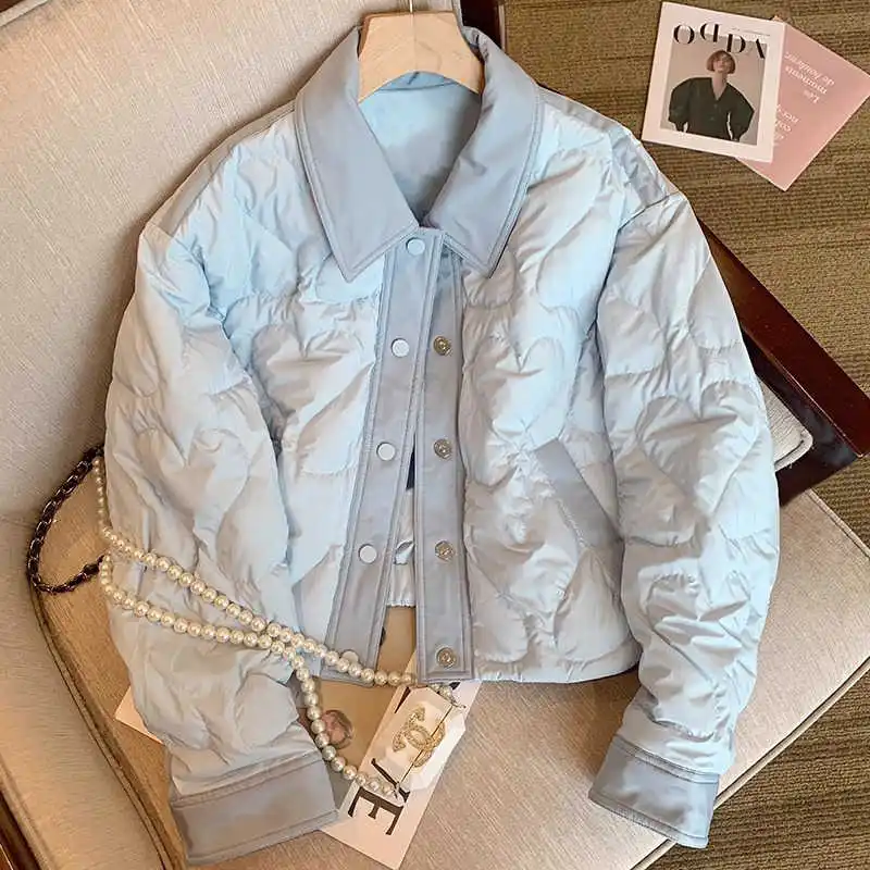 

Women Blue Polo-Neck Parka Jacket Warm Thicken Outerwear Harajuku Preppy Style Padded Jackets Vintage 2000s Winter Clothes 2025