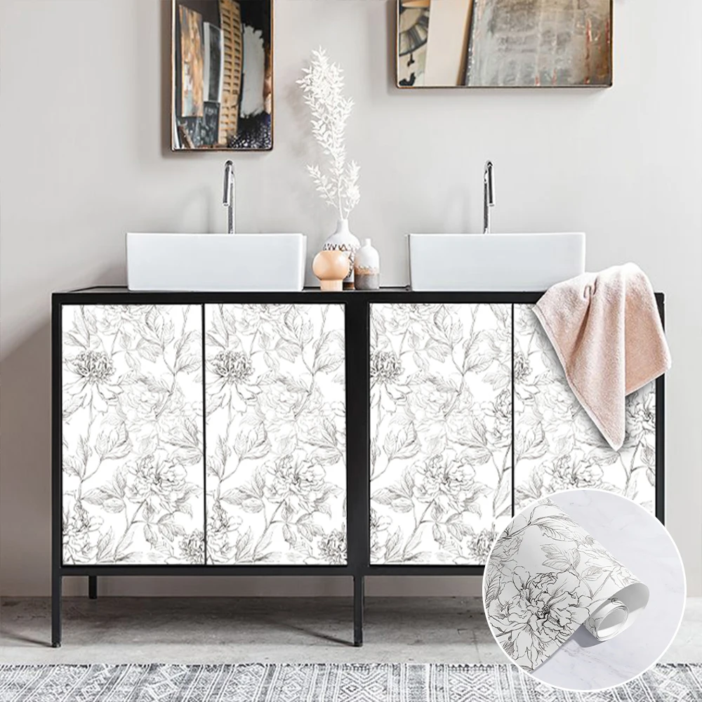 Classic Sketch Flower Background Removable Wallpaper Chic Decor Furniture Cabinet Sticker Vintage Waterproof Vinyl Contact Paper