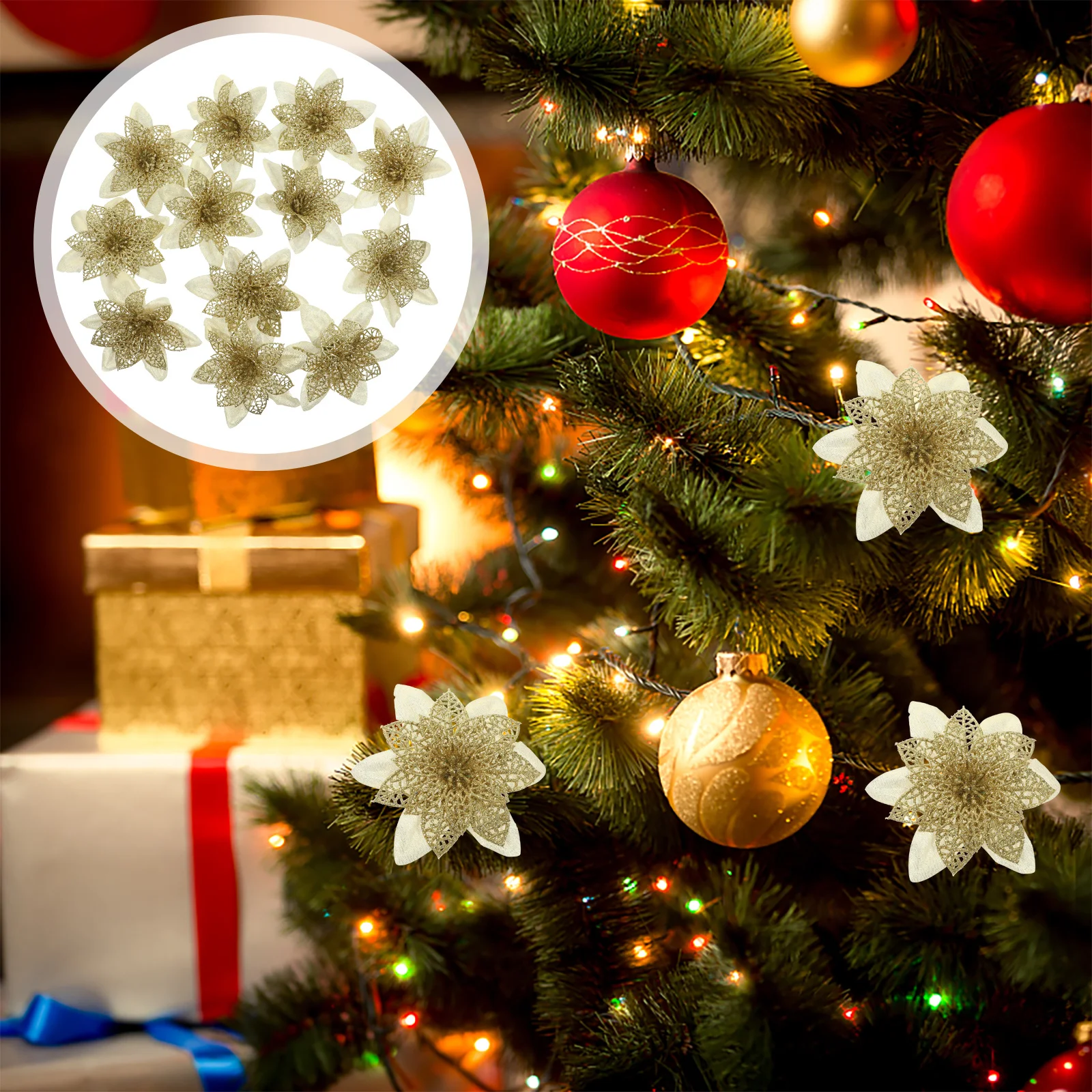 

12Pcs Artificial Christmas Poinsettia Flowers Glitter Decorative Xmas Tree Flower Holiday Home Decor Party Supplies