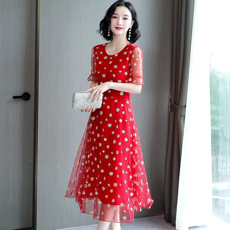 

Летнее женское платье-новинка: приталенное, с цветочным принтом, коротким рукавом, длинное, сетчатое, с утягивающим эффектом на талии, скрывающее живот, модное, облегающее.