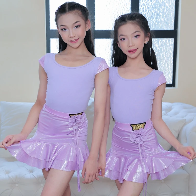 

2025 New Latin Dance Costume Girls Summer Cha Cha Rumba Performance Dress Violet Purple Latin Dance Top Pleated Skirt Set 3892