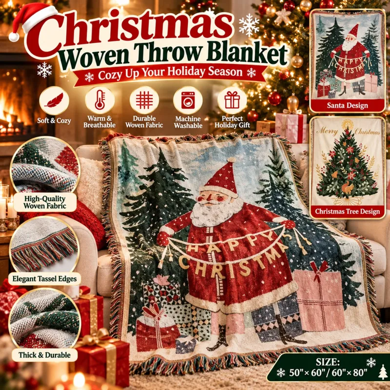 Christmas Vintage Snowman Woven Tapestry Throw Blanket Fringe, Candy Cane Pattern, Xmas Sofa Bed Cover, Holiday Home Decor Gift