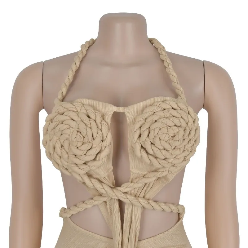 KEXU セクシーなホルターネックニットリブシャーリング積層ジャンプスーツ女性夏休みビーチロンパース遊び着ワンピースセット衣装