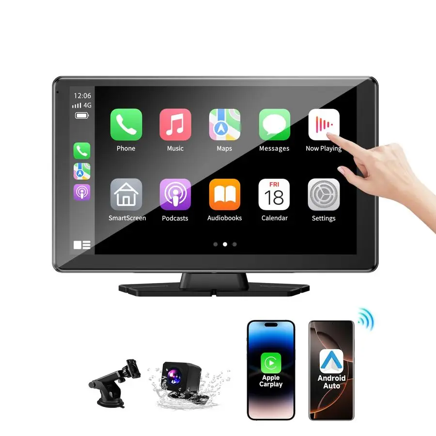 شاشة carplay لاسلكية محمولة مقاس 9 بوصة للسيارة وشاشة لمس أندرويد أوتوماتيكية عالية الدقة مع كاميرا احتياطية 1080P وصلة مرآة للملاحة V