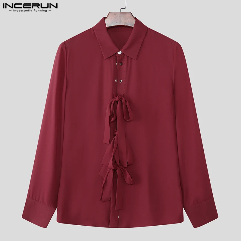 

INCERUN Мужская рубашка, однотонная мужская рубашка с лацканами и длинным рукавом, бантом и пуговицами, уличная одежда 2025 года, элегантные модные мужские рубашки S-5XL
