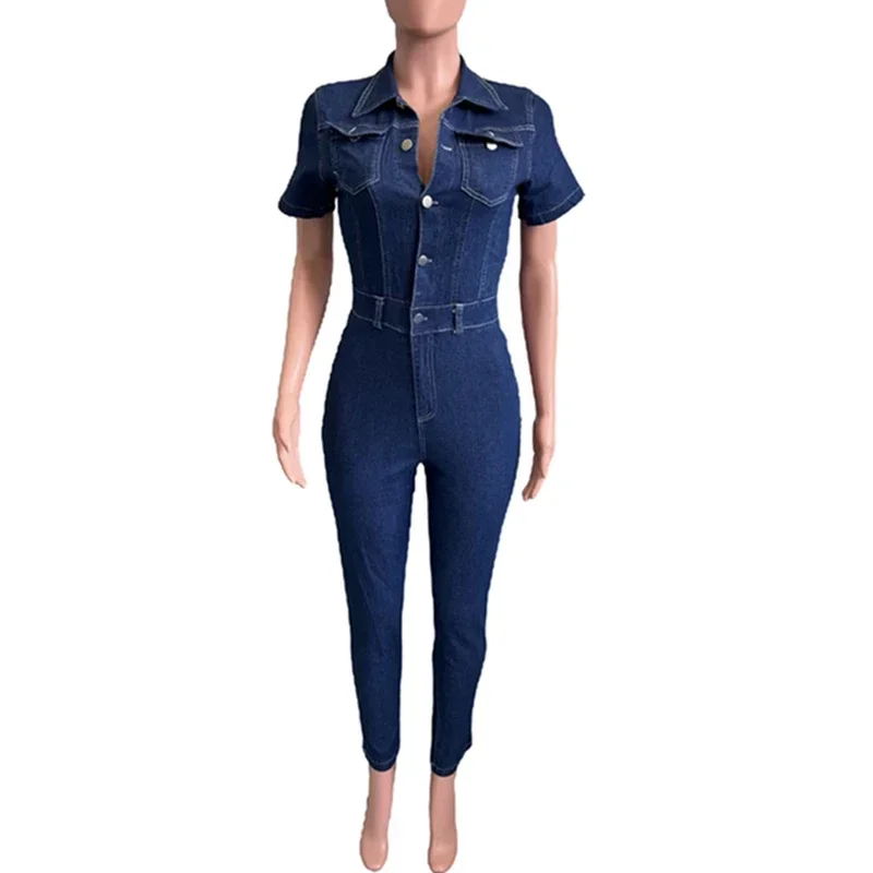 Stretchy Short Sleeve Bodycon Long Jeans Jumpsuit Denim Playsuit Sexy Elegant Skinny Full Length One Piece Overalls Monos Largos