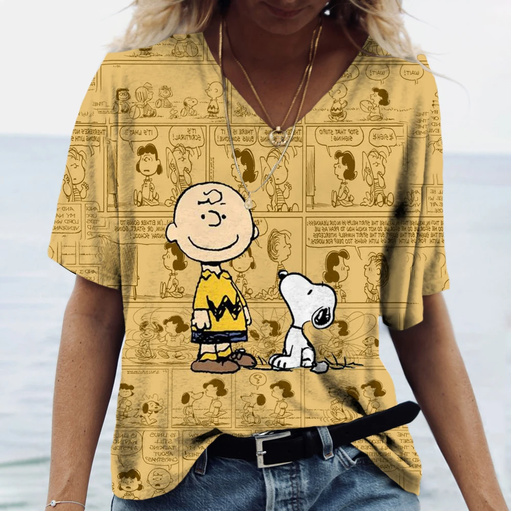 Fashion T Shirt For Women Snoopy cartoon print Short Sleeve Tops Casual V-neck Women\'s T-shirts Oversized Harajuku Tees Clothing