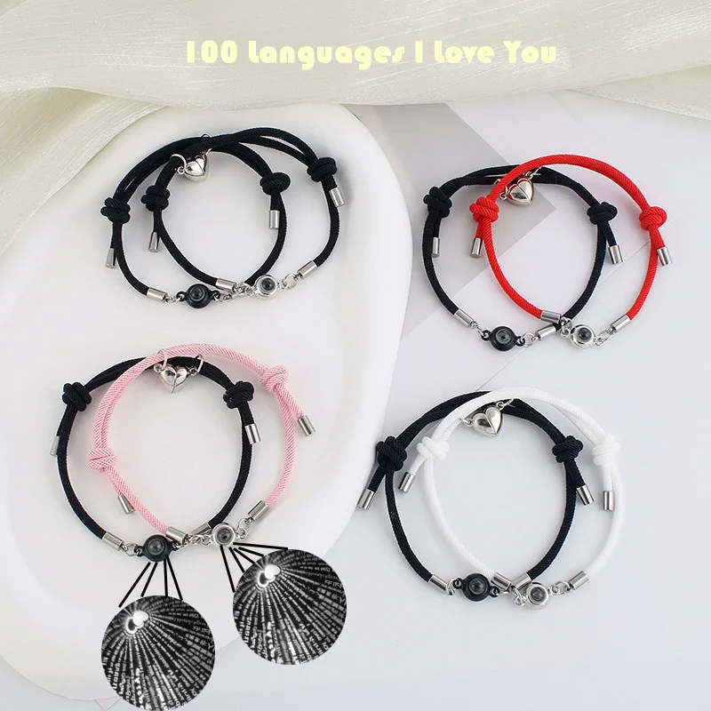 Romantic Couple Bracelet 100 Languages I Love You Magentic Matching Braclet Stainless Steel Adjustable Valentine Rope Braslet