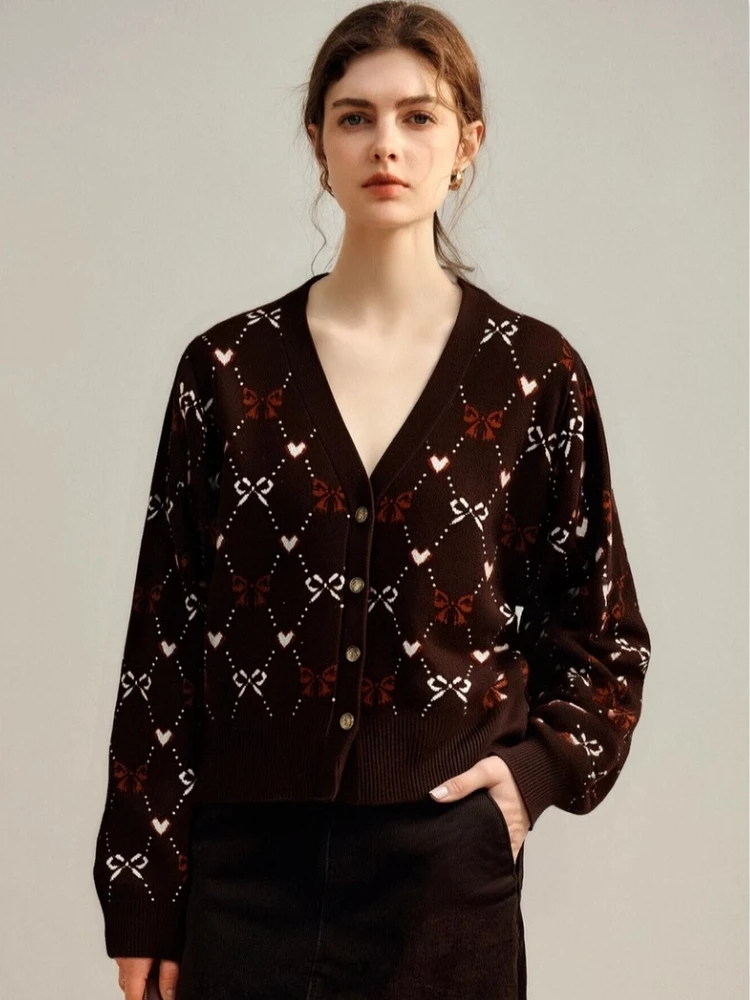 

OLrain Women's Argyle Jacquard Cardigan 2025 Autumn New V-Neck Knit Open Front Sweater Elegant Casual Knitwear O57QM001229