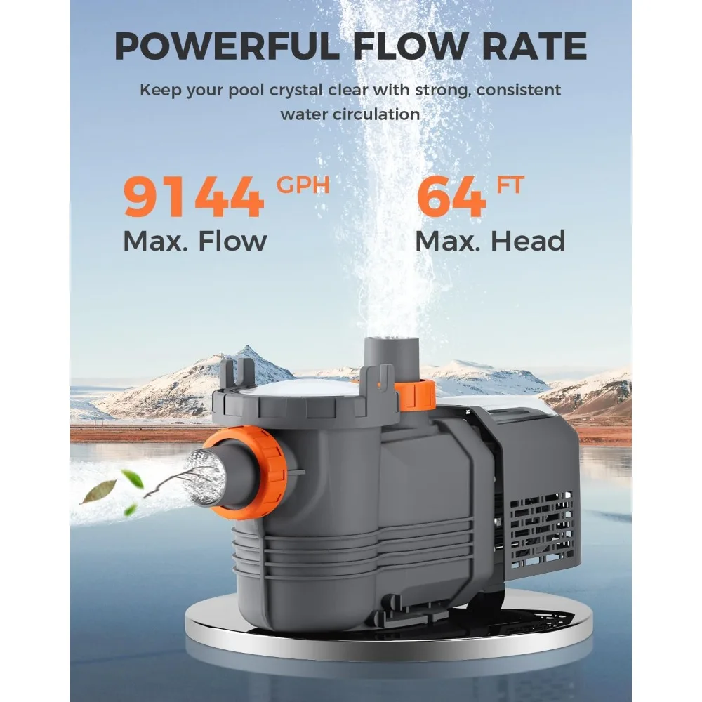 1 وحدة مضخة حمام سباحة متغيرة السرعة 1.8 حصان - 220 فولت - 240 فولت، 9114 GPH، فتيلة ذاتية، سلة فلتر - لحمامات السباحة الداخلية/فوق الأرض، والمنتجعات الصحية