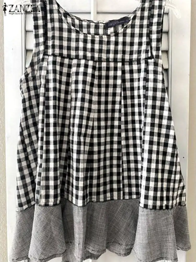 

ZANZEA Women Summer 2024 Checked Camis Casual Vintage Ruffled Hem Elegant Gingham Tank Tops O Neck Loose Sleeveless T-shirts