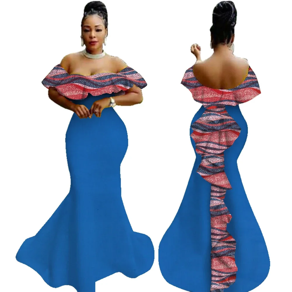 African Wax Print Ruffles Long Dresses Women Party Dress Vestidos Bazin Riche Off Shoulder Ankara Dress Evening Dresses WY2919