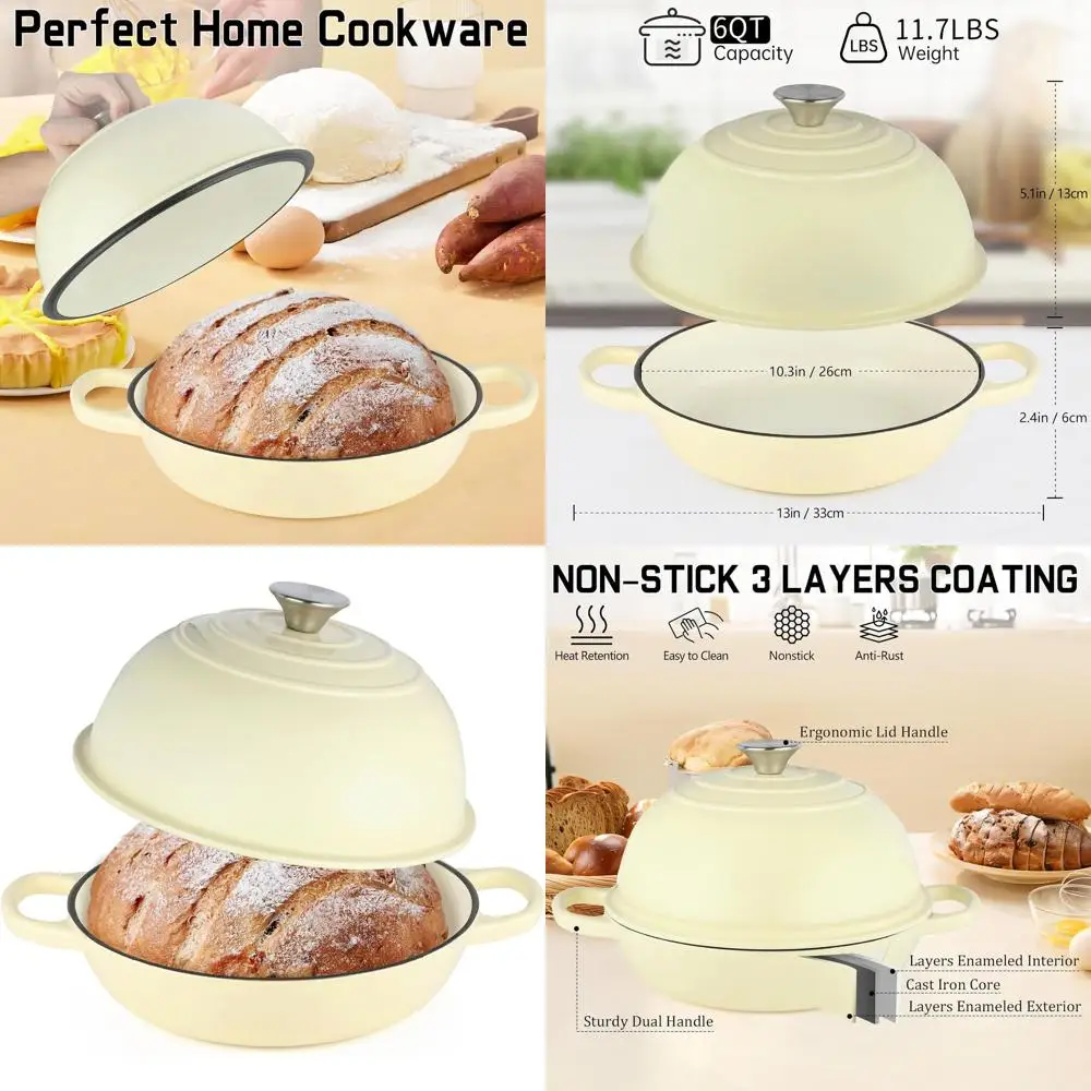 

Non-stick 6-Quart Dutch Oven Pot with Dome Lid for Sourdough Bread Baking, Cast Iron Bread Oven for Homemade Baking, Beige