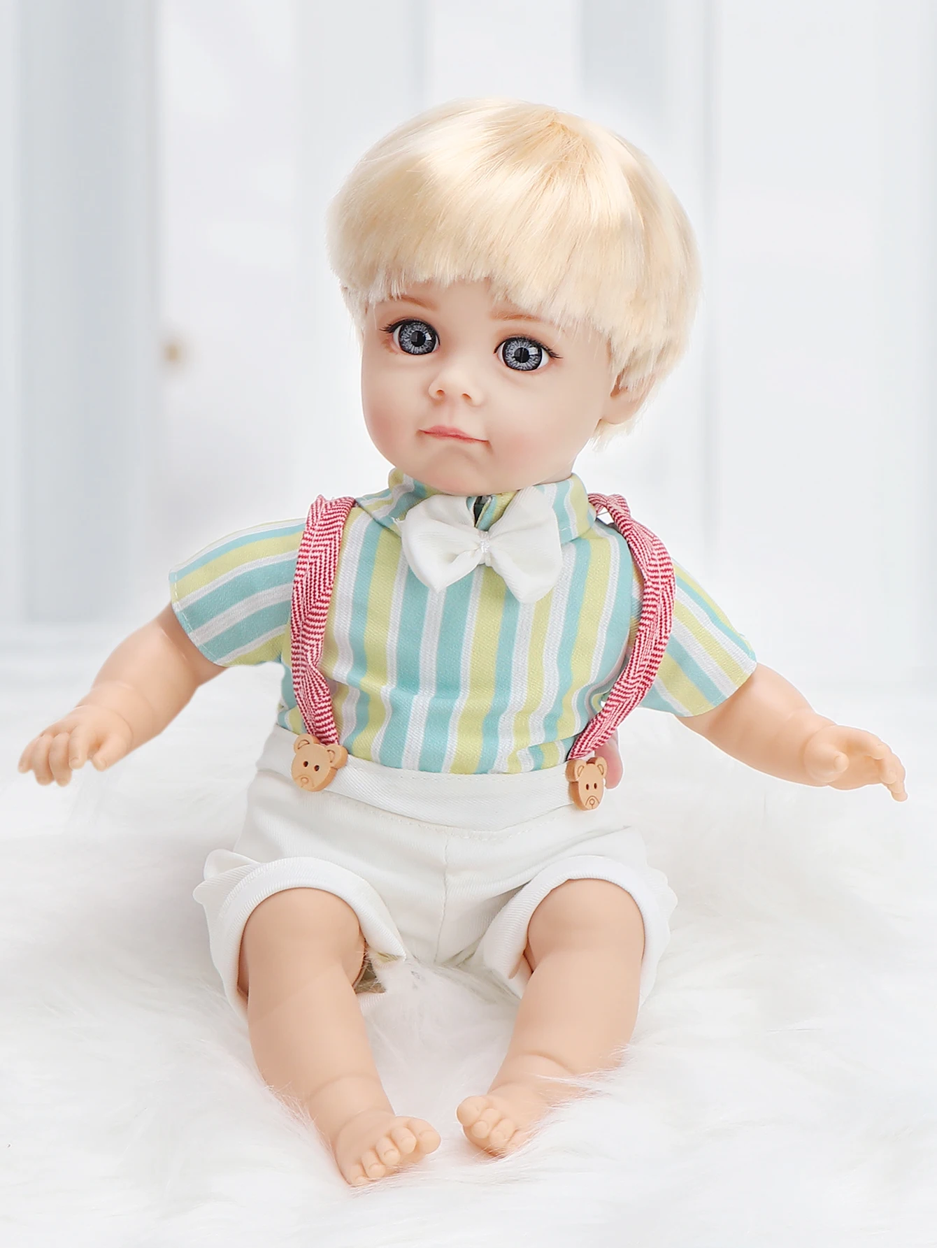 Sound Reborn Baby Boy Doll, Soft Vinyl Body, 6 Sound Effects With Striped Suspender Outfit for Kids