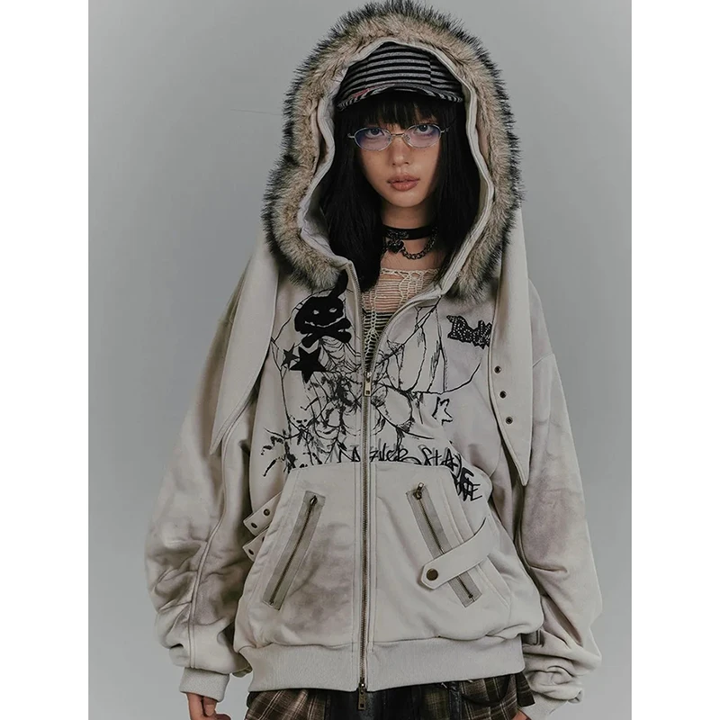 

Женская уличная толстовка с капюшоном в стиле субкультуры, американская куртка на молнии с длинными рукавами и заячьими ушками, Harajuku Y2K, осенне-зимняя плотная теплая верхняя одежда