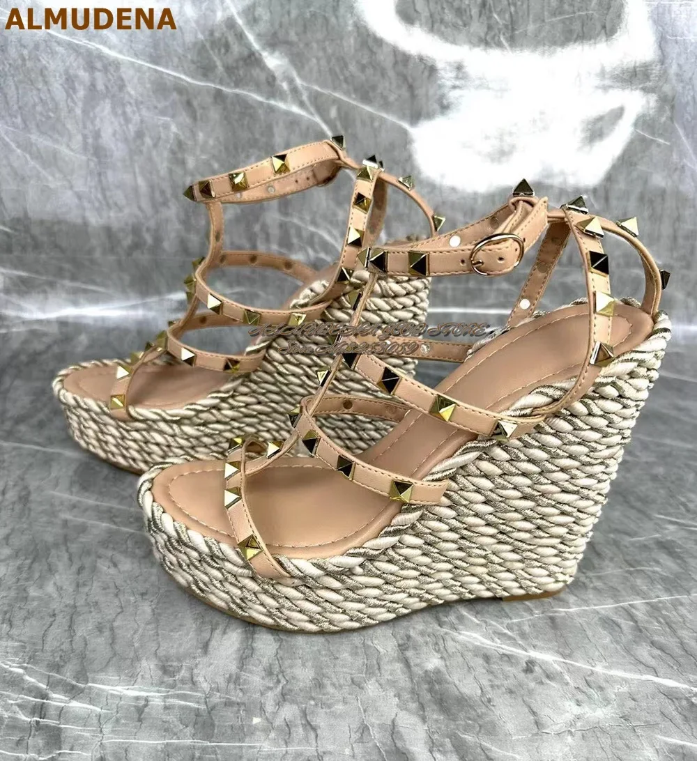 

ALMUDENA Gold Beige Color Patchwork Rope Braided Wedged Heel Sandals Platform Nude Strap Studded Dress Shoes