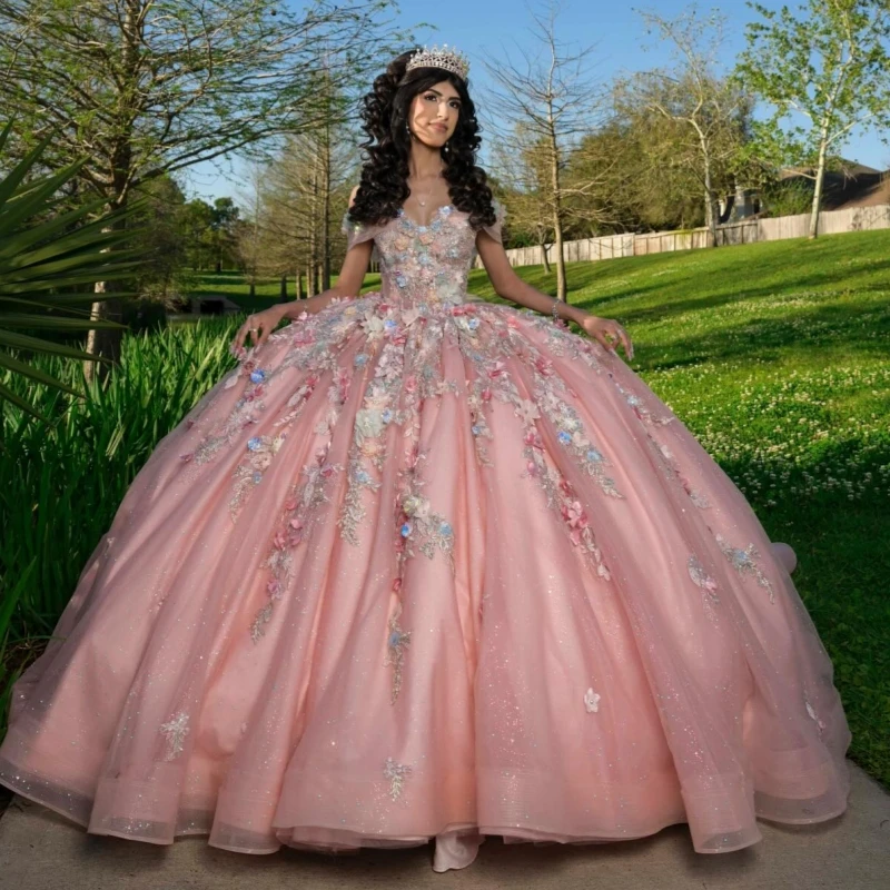 

Розовое блестящее платье Quinceanera, бальное платье с открытыми плечами, аппликация, кружево, бисер, кристалл, тюль, вечерние, день рождения, милое платье 16, Vesti