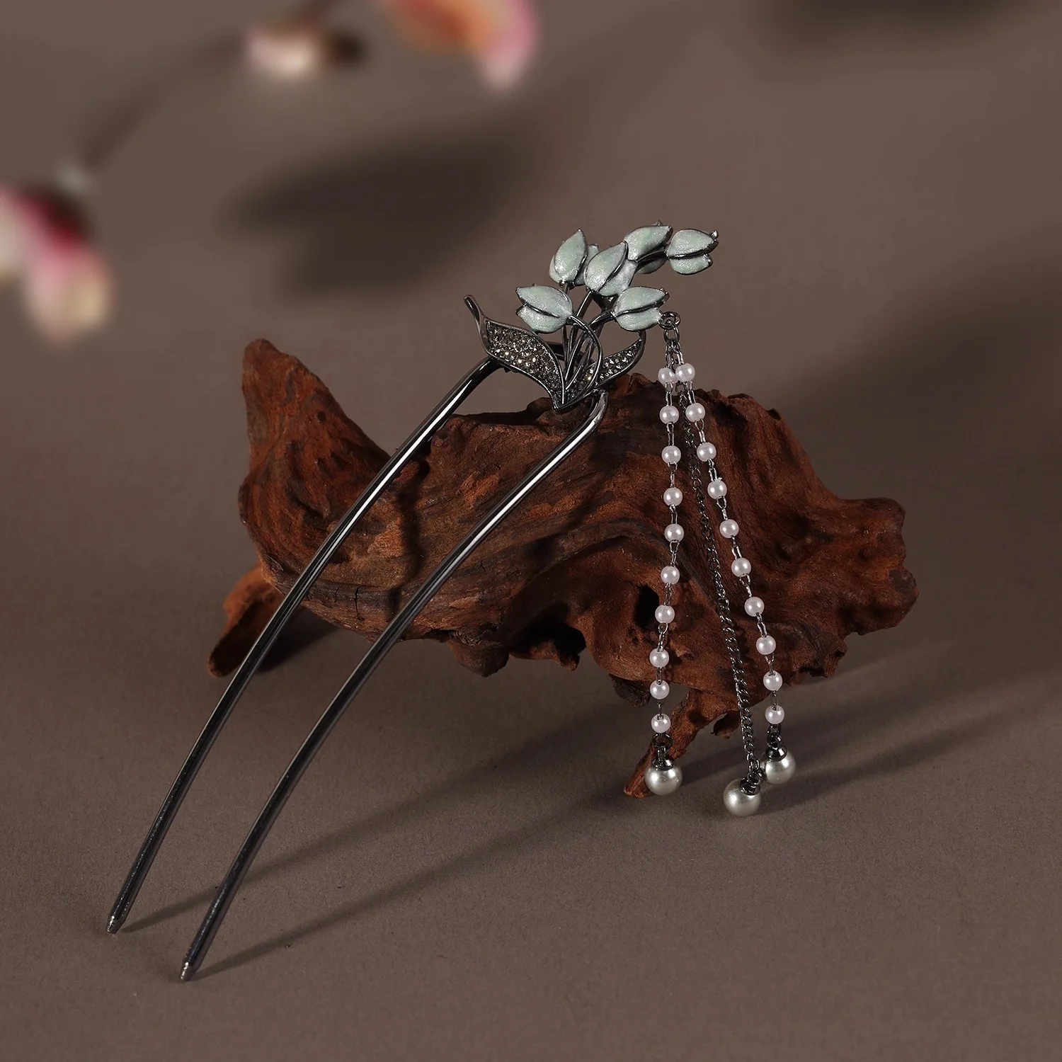 أنيقة حجر الراين زنبق الوادي على شكل حرف U دبوس الشعر المرأة الجزء الخلفي من الرأس الشعر العصي اللؤلؤ شرابة الزفاف إكسسوارات الشعر #1