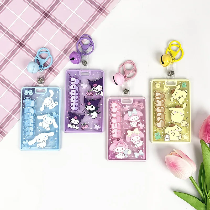 Cute Sanrio Kuromi Cinnamoroll Cartoon Keychain Schoolbag Pendant Bus Card Holder Lanyard Retractable Buckle Stationery Supplies