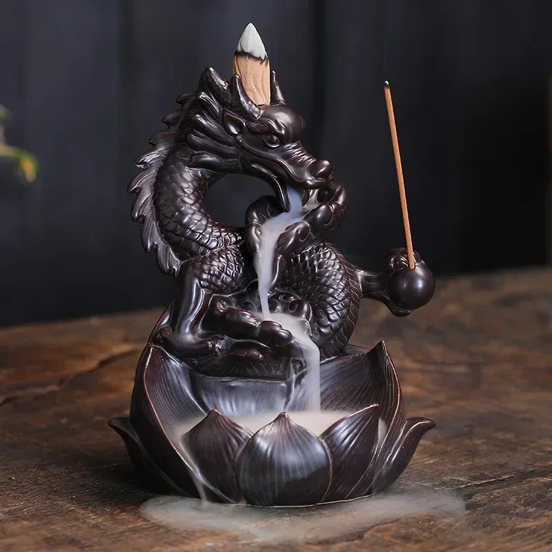 Lotus Dragon Ceramic Home Ornaments Waterfall Backflow Incense Burner Incense Stick Holder Dragon Censer view 2