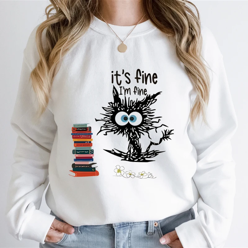 It's Fine I'm Fine Cat Sweatshirt, Unisex, Positivity Shirts, Cartoon Cat Cleaning Hoodies, PVD Funny Animal Lovers Hoodies