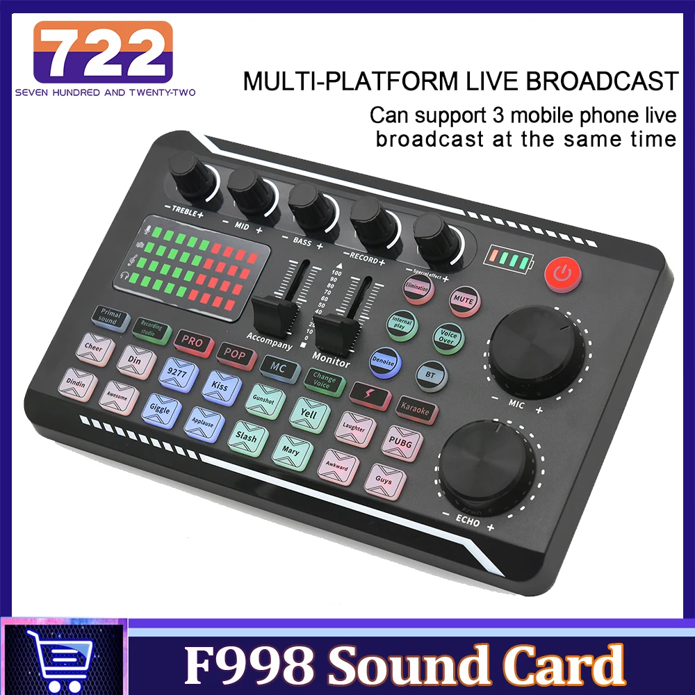 

F998 live Sound Card For PC Phone Live streaming Podcasting Studio Recording Gaming Audio Mixer Live Sound Card Voice Changer