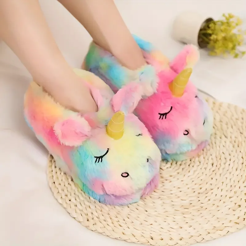 COOLSA Women Indoor Cartoon Unicorn Slippers House Candy Color Cute Warm Plush Slides Holiday Surprised Shoes