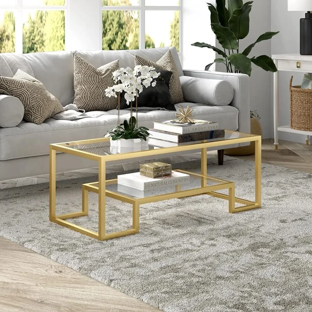 

45" Wide Rectangular Coffee Table in Brass, Modern Coffee Tables for Living Room, Studio Apartment Essentials