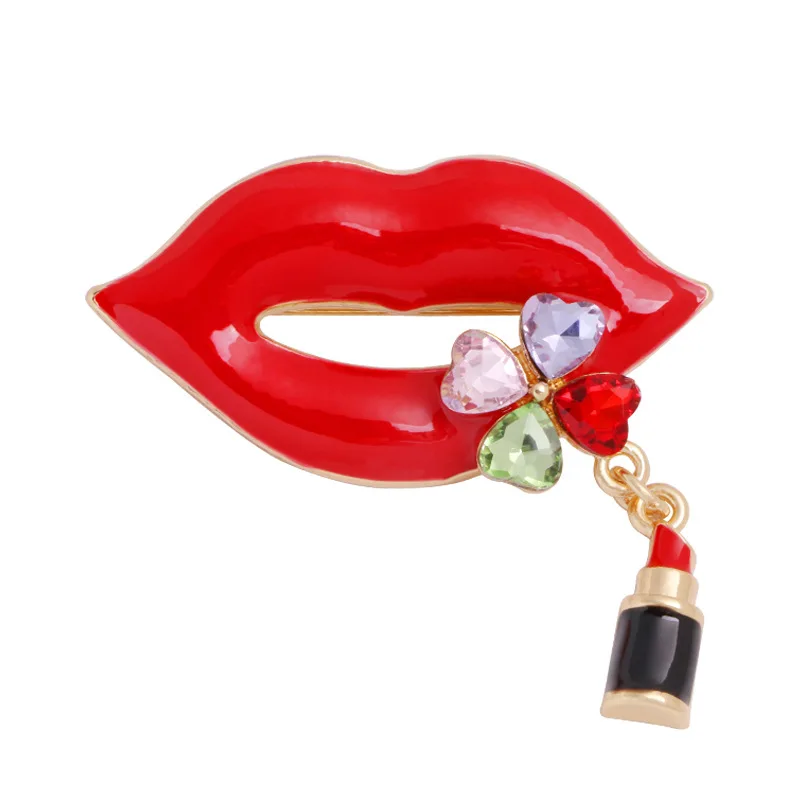 Hot sexy temptation red lips female luxury brooch shiny crystal temperament upscale kiss pin personalized clothing jewelry gift