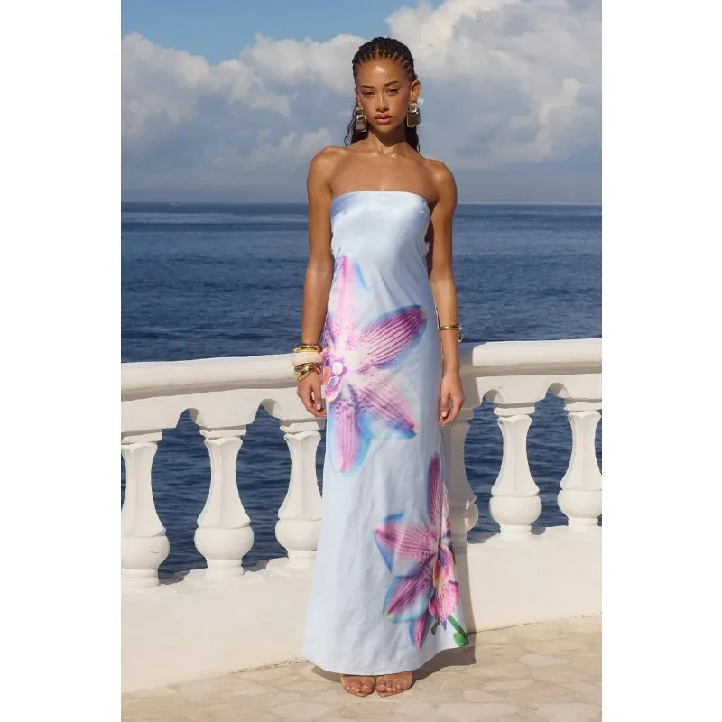 فستان صيفي بوهو طويل بدون ظهر مزين بالزهور أنيق بدون أكتاف لحفلات الكوكتيل فستان طويل مثير للنساء Y2K بدون حمالات