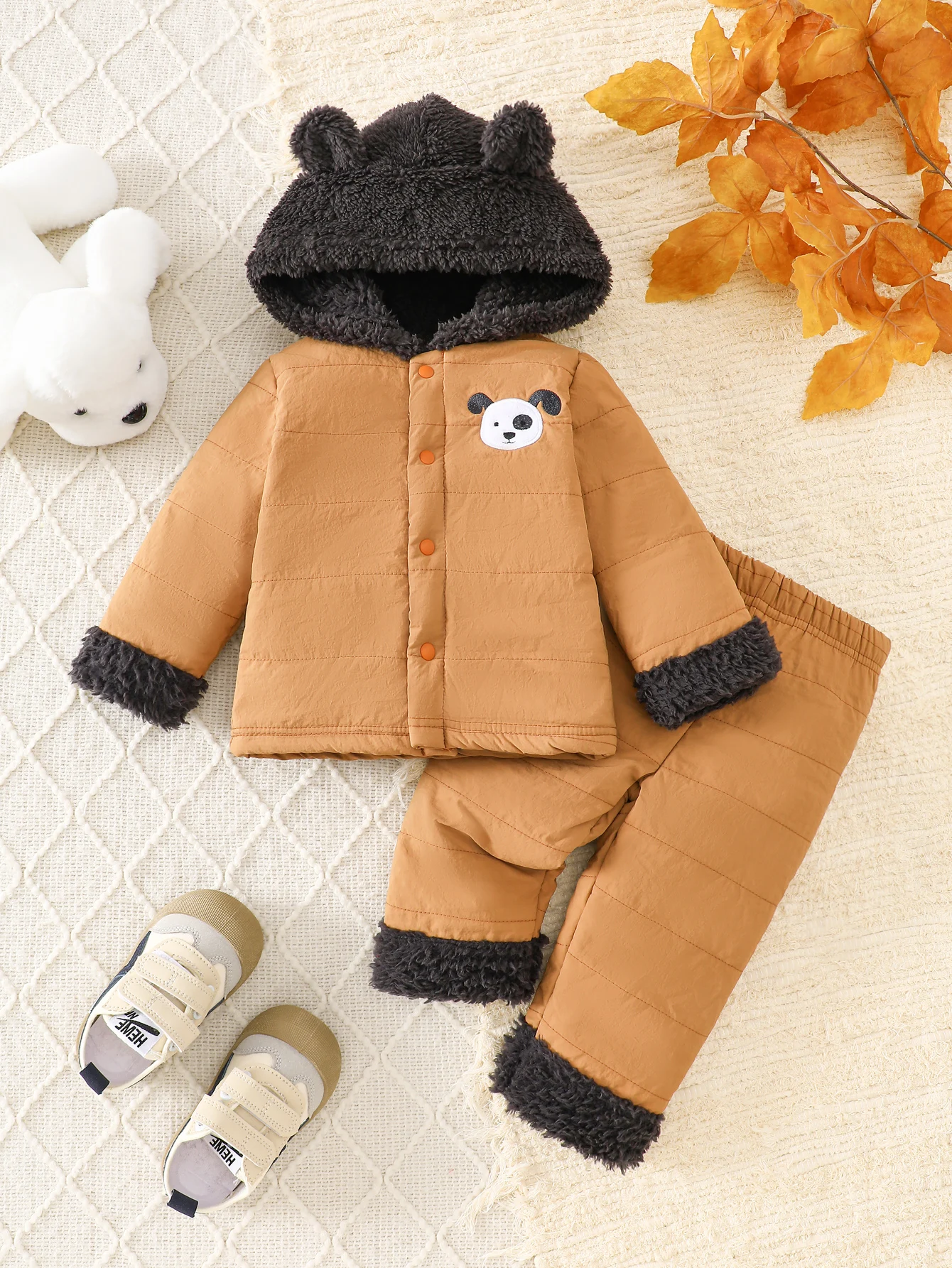 

Winter Unisex 2pcs Baby Dog Fleece Warm Hooded Jacket+Pants Outfits Toddler Snowsuits Casual Wear Children Clothes Set 0-3Y