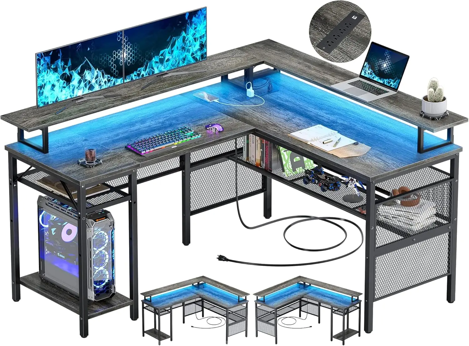 Unikito L Shaped Computer Desk, Reversible Corner Desk with Power Outlet and LED Strip, L- Shaped Gaming Table with Monitor