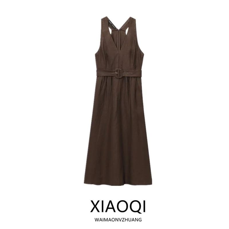 Novedad de verano, vestido de lino Faion con tirantes anchos para mujer, vestido acampanado Svel V-Ne, falda larga de cintura alta