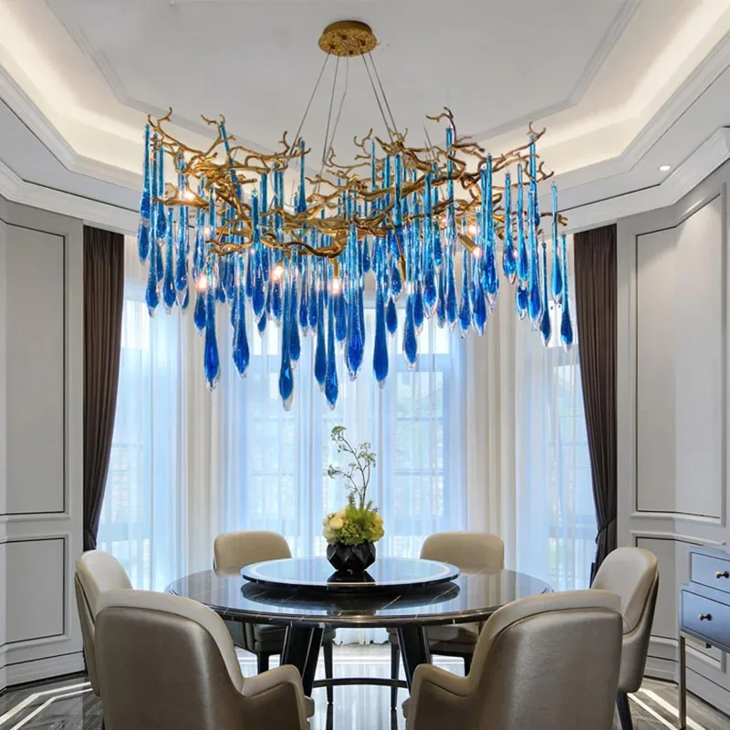 

Blue branch crystal chandelier glossy living room interior lighting fixture light luxury classic LED crystal chandelier