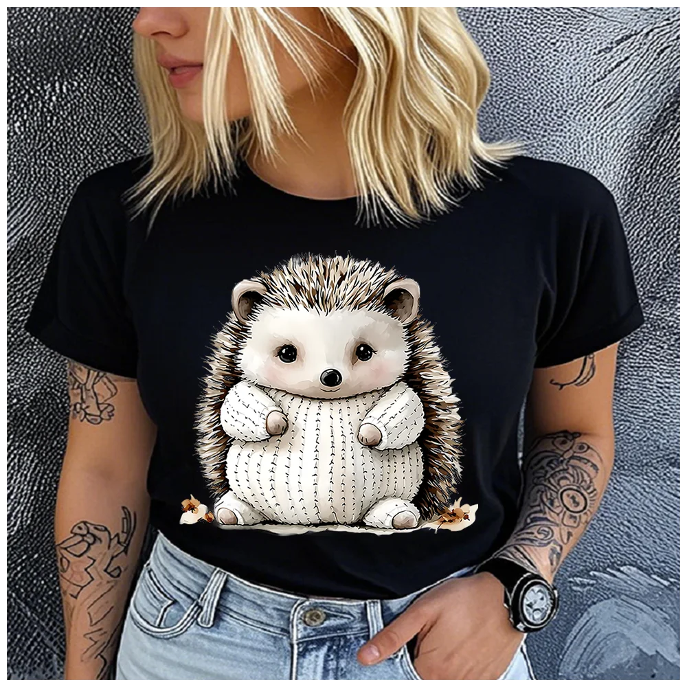 Women's Cotton 100%  interesting hedgehog Print T-shirt Loose round Neck Casual Short Sleeve Fashion Top  Clothing Summer