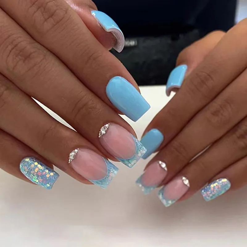 Fashion Sequins Square Head False Nails Set Press On Nails French Light Blue Fake Nail Tips With Designs Rhinestones Manicure