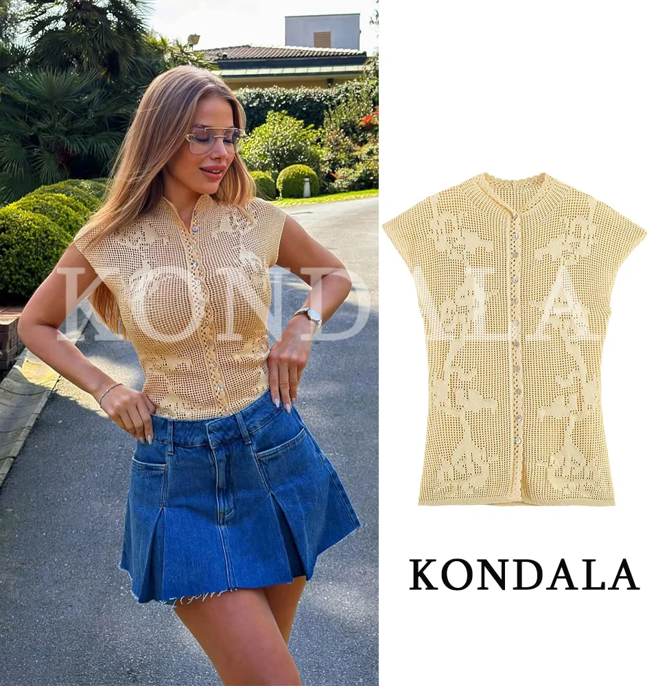 

Women Summer Chic Hollow Knit Vest KONDALA 2026 Trendy High Street Holiday Sleeveless Buttons Tops Elegant Ladies Slim Vest Tops