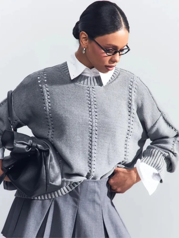 

Pullover Sweater Loose Crew Neck Solid Color Winter Clothes Woman Pulls Femmes All-match Simple Style Comfortable Commuting Chic