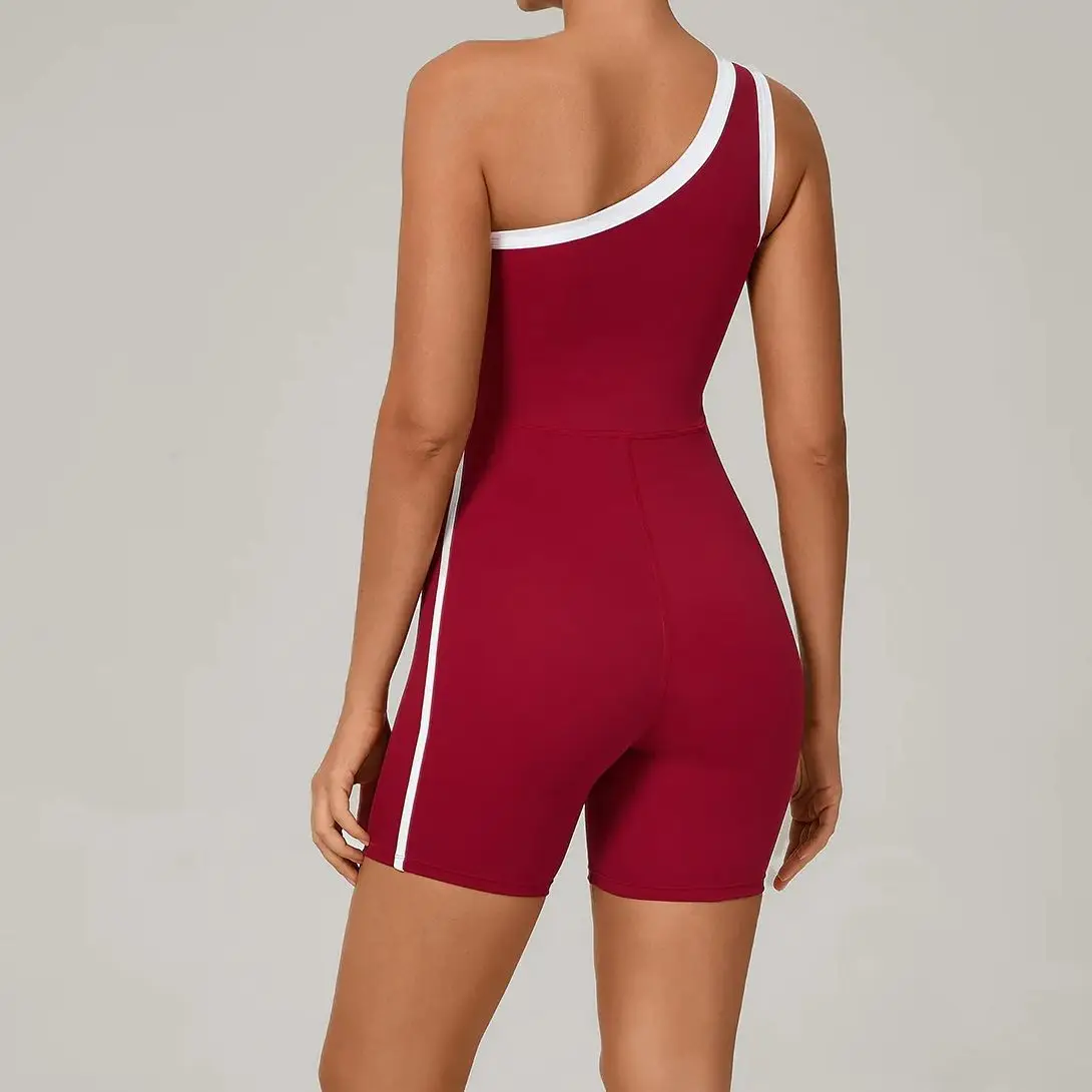 

Уличный цветной контрастный наклонный женский комбинезон для йоги на одно плечо, женский спортивный облегающий комбинезон с подтяжкой бедер, костюм для фитнеса