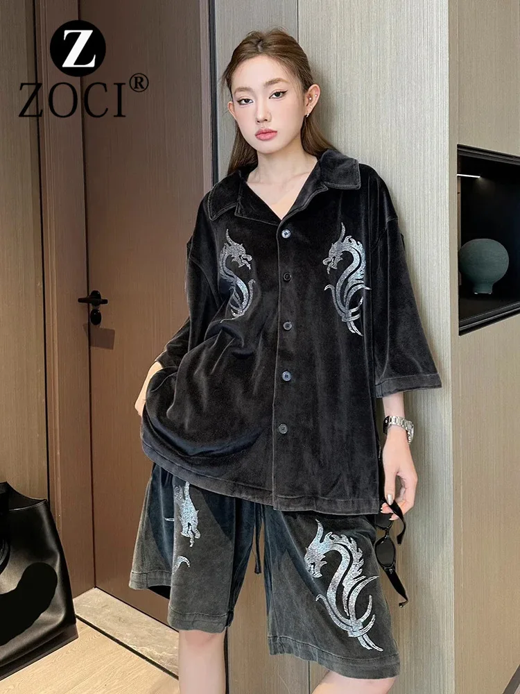 [Zoci] Herbst Wang Samt Doppel drache Hot Diamond Dekoration vielseitiger Kragen Kurzarm Top elastische Taille Shorts Set