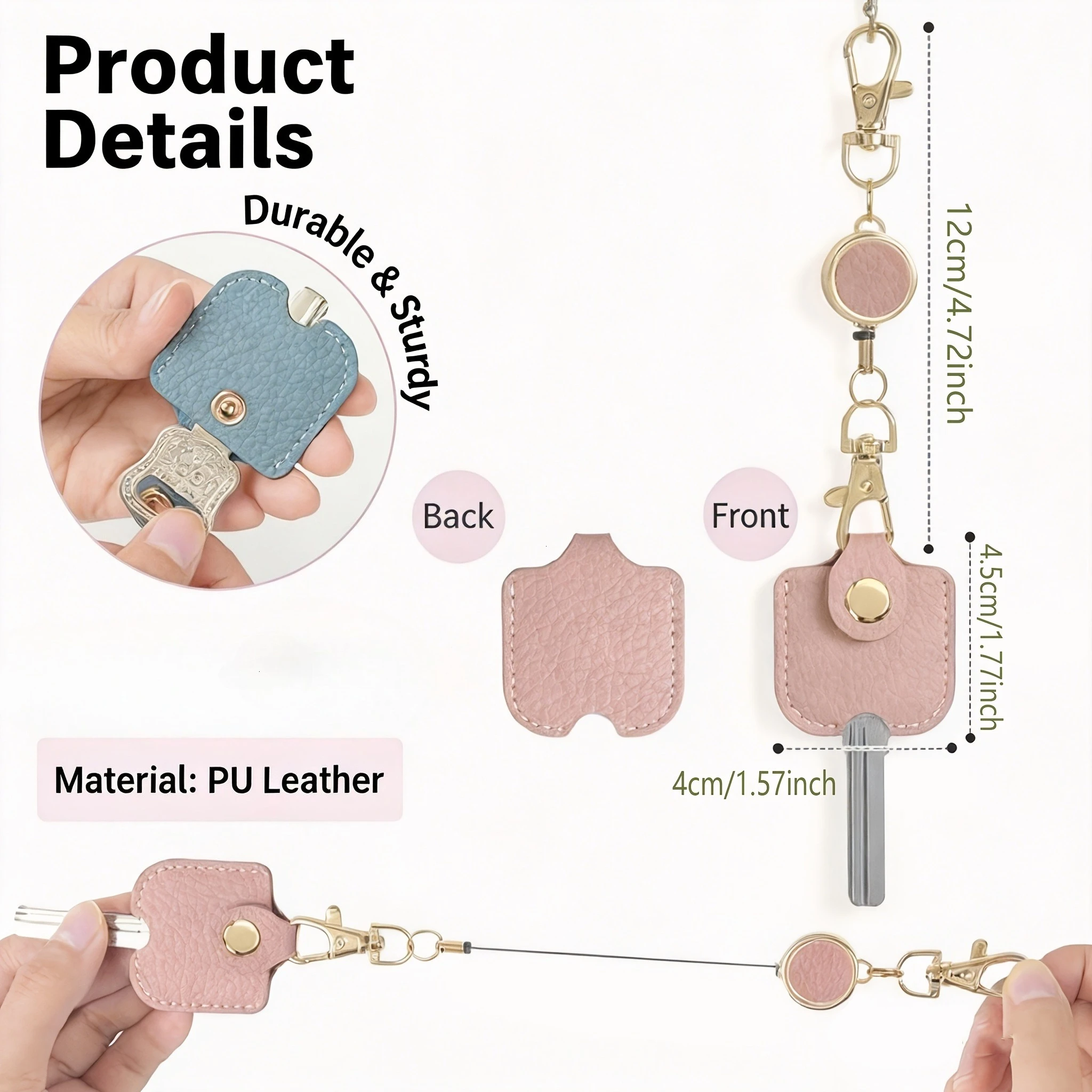 Porte-clés rétractable pour femme, porte-clés extensible en similicuir, longueur extensible de 11,8 pouces, porte-clés anti-perte, porte-clés portable