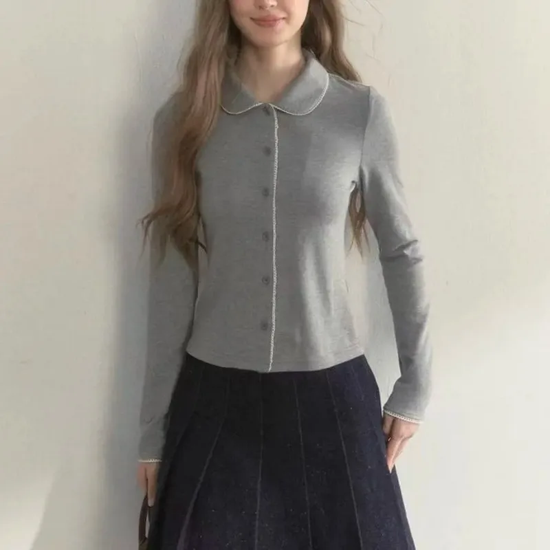 Sweet  Collar Lace Trim Long Sleeve Top Women Autumn Winter Slim Cropped Shirt Casual Layering Blouse
