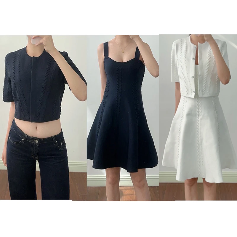 

CHUJIE 2025 Summer French Style Lace-Up Knit Set - Sleeveless Vest Dress & Button Cardigan, Viscose Nylon Blend- MJ