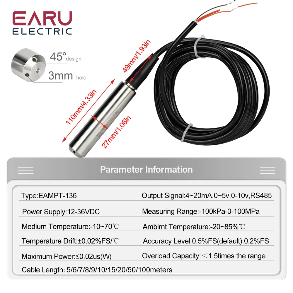 4-20mA 0-5V 0-10V RS485 Output Level Transmitter Liquid Oil Water Level Sensor Probe Detect Controller Float Switch 5-100m Pump