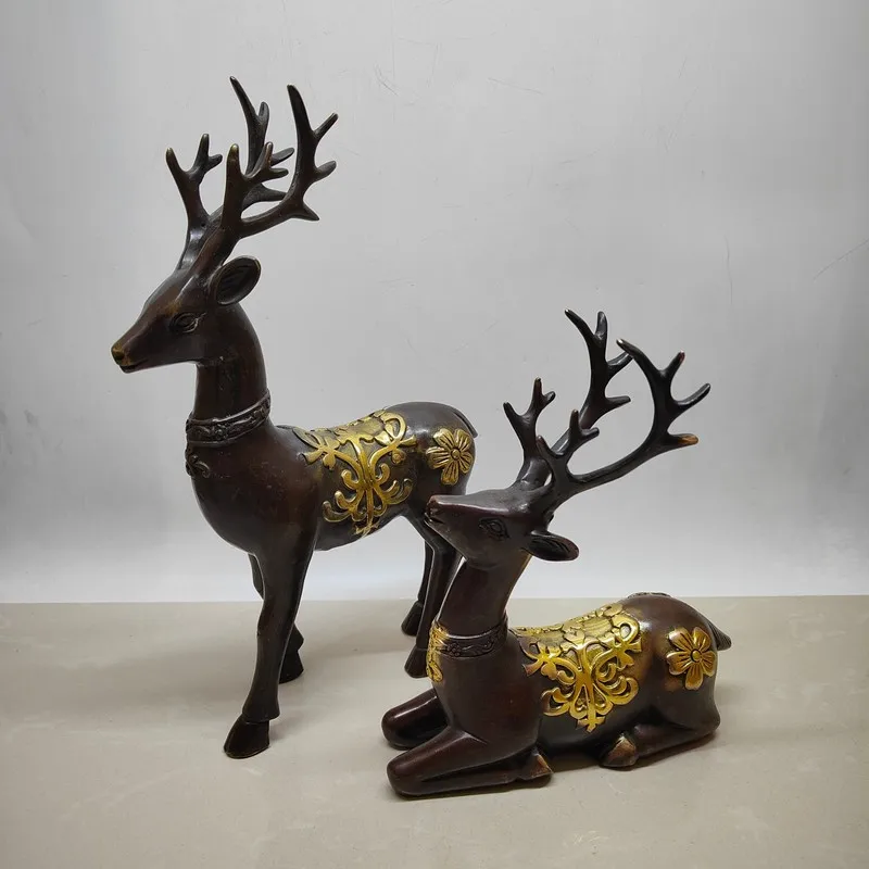Antique Brass Pair Ornament Distressed Purple Copper Gilded Animal Plum Blossom Deer Decorative Craft