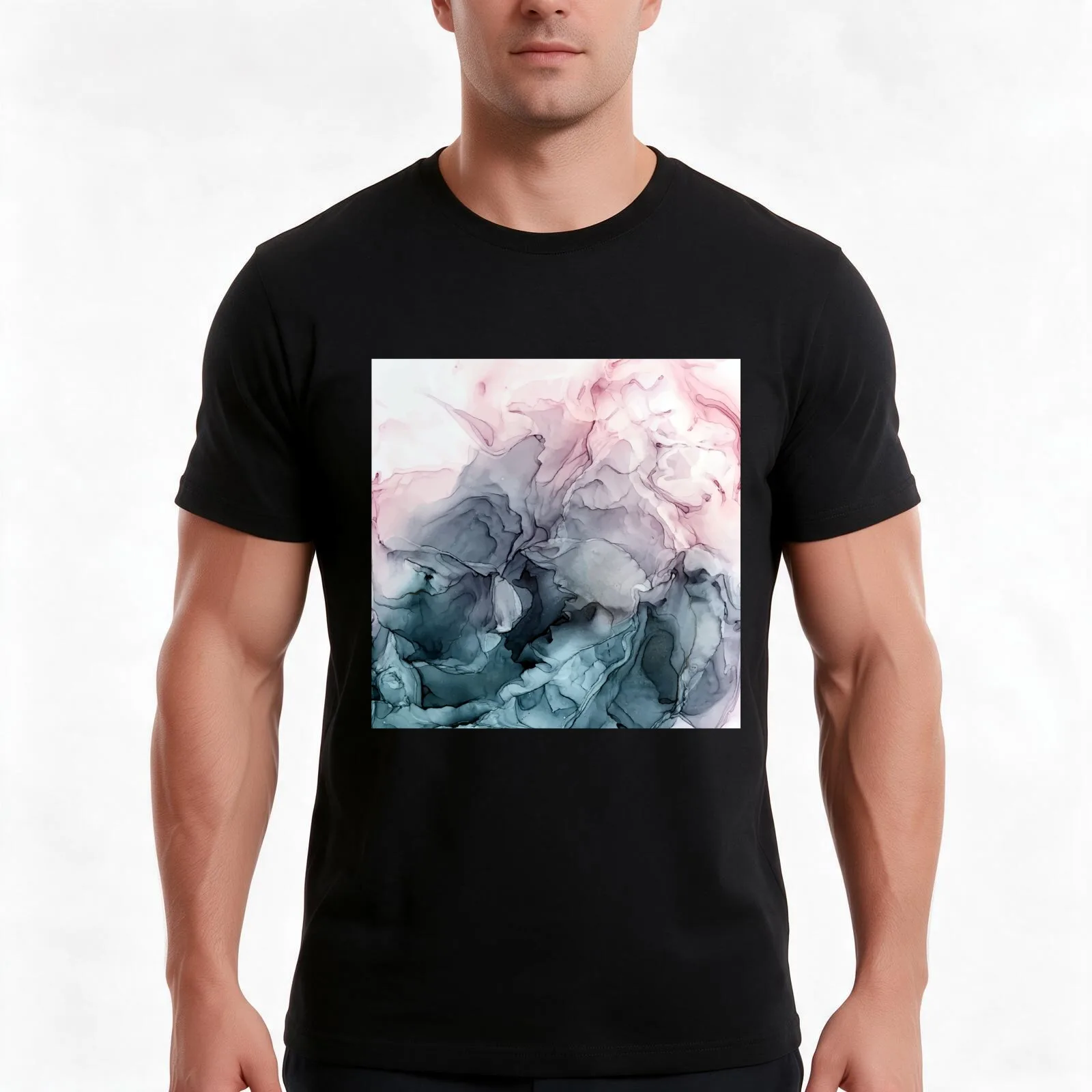 Blush and Payne's Grey Flowing Abstract Painting T-Shirt Summer Casual Cotton Tee Oversized Streetwear Tops Unisex Men Women