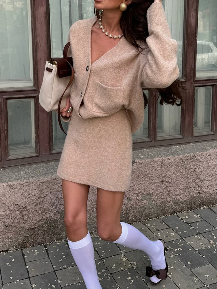 Setelan Rajut Wanita Elegan 2 Potong, Cardigan Rajut Lengan Panjang V-neck & Rok Mini, Setelan Kerja Modis Warna Solid Slim